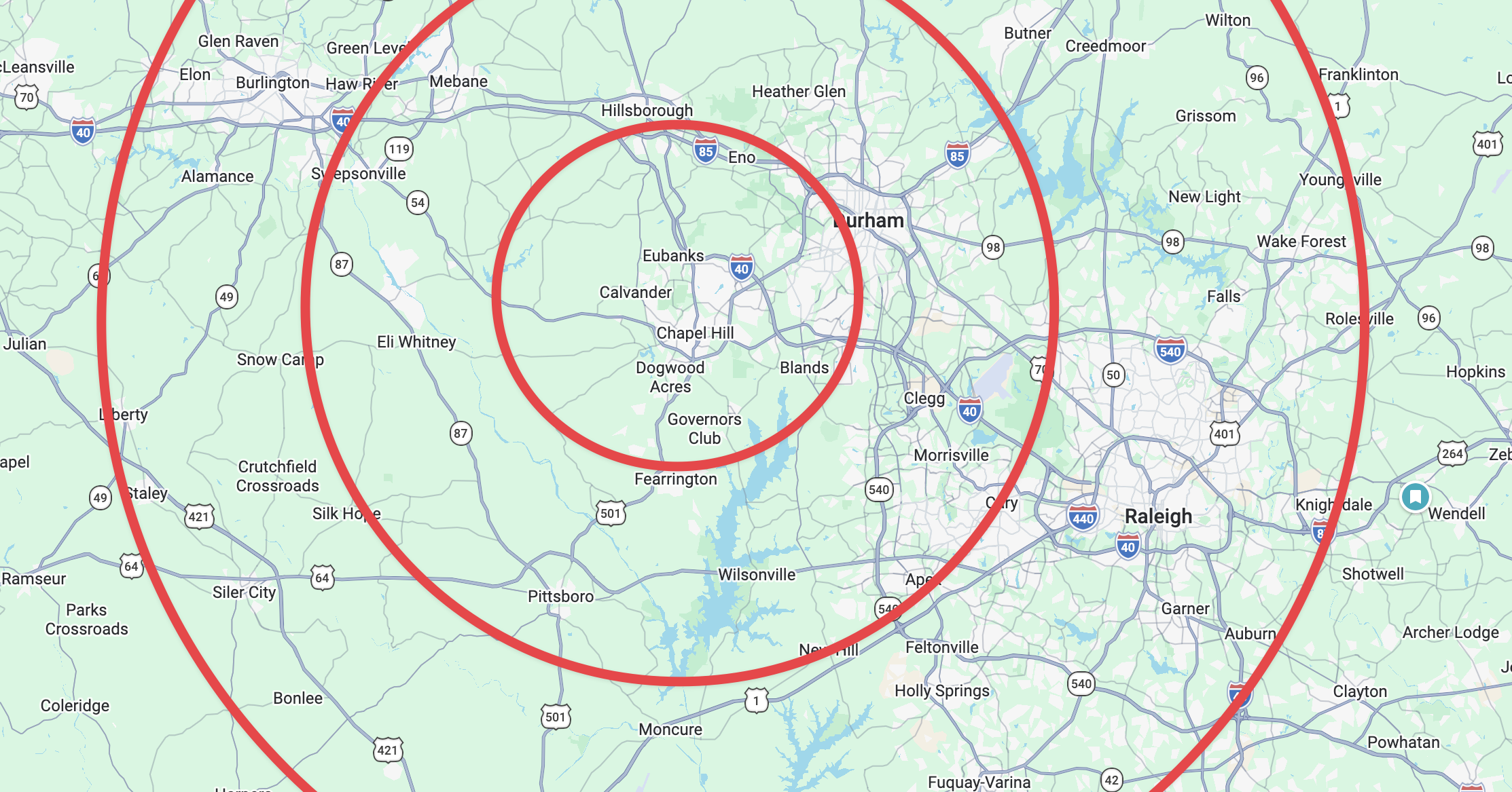Planned Carolina Field Club pickup zones centered on Chapel Hill — inner, middle, and outer service radius across the Triangle